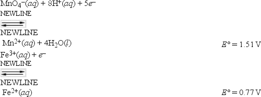 <strong>What is ΔG° for the reaction of iron(II) ions with one mole of permanganate ions? (F = 96,500 C • mol<sup> -1</sup>) </strong> A) -71.4 kJ B) -286 kJ C) -357 kJ D) -428 kJ E) None of these choices is correct.