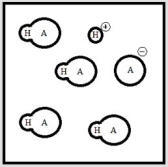 Below is a representation of an aqueous solution of a weak acid HA at equilibrium. (Each circle represents 1.0 ×10<sup>-3</sup> mol of atoms, and the volume of the box is 1.0 L. Solvent water molecules are not shown for clarity.) What is K<sub>a</sub> of HA?