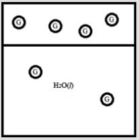 Below is a diagram representing a gas G in equilibrium, above a sample of water and dissolved in the water. If the pressure of the gas G is doubled, which diagram below best represents how the system will respond?