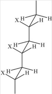 <strong>Which is the best description for the following structural representation of an addition polymer? </strong> A) It is an atactic polymer. B) It is a syndiotactic polymer made from the monomer H<sub>2</sub>C=CHX. C) It is a syndiotactic polymer made from the monomer XHC=CHX. D) It is an isotactic polymer made from the monomer H<sub>2</sub>C=CHX. E) It is an isotactic polymer made from the monomer XHC=CHX.