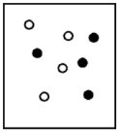 Suppose white atoms (W) and black atoms (B) react according to the following balanced chemical equation. 2W + B → BW<sub>2</sub> If the initial reaction mixture is prepared as follows, what will the final reaction mixture be once the reaction is complete?