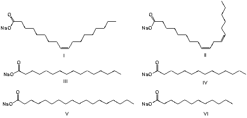 <strong>Today, palm oil or palm kernel oil is often used for the production of soap. The main components of palm kernel oil are glycerol esters of lauric acid (48%), myristic acid (16%) and palmitic acid (14%). What are the chemical components of soap from palm kernel oil? </strong> A) I, II, III B) III, IV, V C) III, IV, VI D) IV, V, VI
