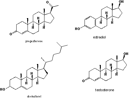 <strong>Shown are cholesterol, estradiol, testosterone (see N13) and progesterone, which is the female pregnancy hormone. Cholesterol and all three hormones are present in both, males and females, albeit in different concentration. Their biosynthesis follows one common scheme. Based on the structures shown below, which is the hormone that is formed as an intermediate during the biosynthesis of the other two hormones? </strong> A) cholesterol B) progesterone C) estradiol D) testosterone