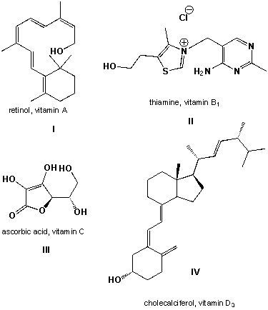 <strong>Order the four vitamins according to increasing fat-solubility (most hydrophilic first): </strong> A) II, III, I, IV B) IV, II, III. I C) III, II. I. IV D) I, II, III, IV