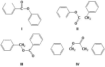 <strong>Which is the correct structure for phenyl benzoate?  </strong> A) I B) II C) III D) IV <div style=padding-top: 35px> 