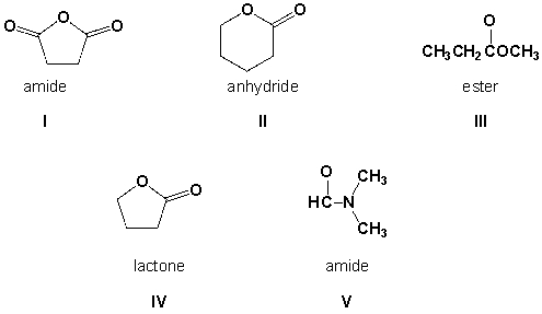 <strong>Which functional groups are correctly named?  </strong> A) I, II, III, IV B) I, III, IV, V C) III, IV, V D) I, II, IV, V <div style=padding-top: 35px> 