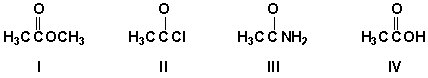 <strong>Which is the order of increasing boiling point of the following compounds (lowest first)?  </strong> A) IV, I, III, II B) I, III, IV, II C) II, I, IV, III D) IV, III, II, I <div style=padding-top: 35px> 