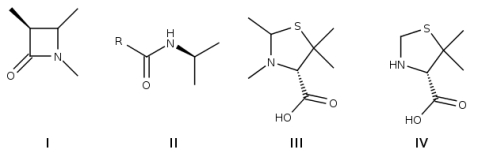  <strong>Penicillins derived from Penicillium fungi were the first available  \beta -lactam antibiotics, which inhibit the biosynthesis of the peptidoglycan layer of bacterial cell walls. Which detail of the structure of penicillin is the lactam-unit?    </strong> A) I B) II C) III D) IV <div style=padding-top: 35px>  
