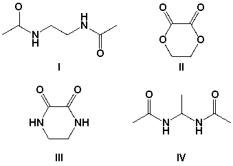 <strong>Which is the major product when 1,2-diaminoethane is heated with dimethyl oxalate?  </strong> A) I B) II C) III D) IV <div style=padding-top: 35px> 