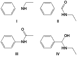 <strong>Which is the final product of a series of reactions starting with ethyl benzoate and reacting with 1) aqueous sulfuric acid and heat, 2) thionyl chloride, and 3) ethylamine?  </strong> A) I B) II C) III D) IV <div style=padding-top: 35px> 