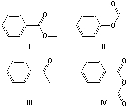 <strong>Which is the product from the reaction of sodium benzoate and acetyl chloride?  </strong> A) I B) II C) III D) IV <div style=padding-top: 35px> 