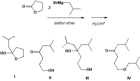 <strong>Butyrolactone reacts with isobutyl magnesium bromide. Which is the major product formed?  </strong> A) I B) II C) III D) IV <div style=padding-top: 35px> 