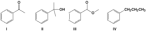 <strong>Which is the product of the reaction of ethyl benzoate with 2 equivalents of methyl Grignard followed by aqueous acid?  </strong> A) I B) II C) III D) IV <div style=padding-top: 35px> 