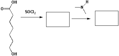 1 Mol of 5-hydroxyheptanoic acid reacts with 1 mol of SOCl<sub>2</sub> and then with 1 mol of dimethylamine. What major products are formed in each step?  <div style=padding-top: 35px> 