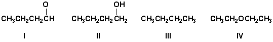 <strong>Arrange the compounds in order of increasing boiling point (lowest first). </strong> A) II, I, IV, III B) I, II, IV, III C) IV, III, I, II D) II, I, III, IV
