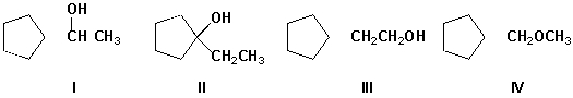 <strong>A Grignard reagent is prepared by reacting cyclopentanol with first thionyl chloride and then magnesium in ether. The Grignard reagent is then reacted with acetaldehyde (ethanal) and the reaction mixture acidified. What is the major final product of this series of reactions? </strong> A) I B) II C) III D) IV
