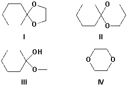 <strong>Which compounds are acetals? </strong> A) I, II B) I, II, III C) II, III, IV D) III, IV