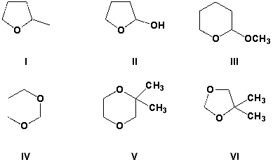 <strong>Which compounds are acetals? </strong> A) I, II, III B) IV, V, VI C) III, IV, VI D) II, IV, V