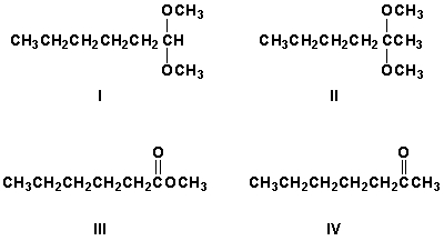 <strong>1-Hexene was treated with dilute sulfuric acid. The product of that reaction was reacted with potassium dichromate in sulfuric acid. This product was then treated with methanol in hydrochloric acid. What is the major product of this series of reactions? </strong> A) I B) II C) III D) IV