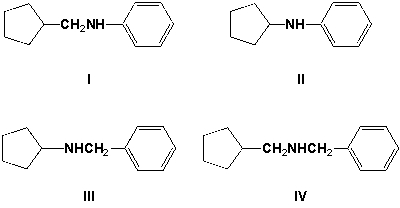 <strong>Which is the major product of the reaction of cyclopentylamine and benzaldehyde followed by nickel and hydrogen? </strong> A) I B) II C) III D) IV