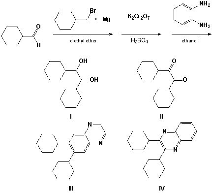 <strong>Benzaldehyde reacts according to the following reaction sequence. What final product is formed? </strong> A) I B) II C) III D) IV E) None of these choices are correct.