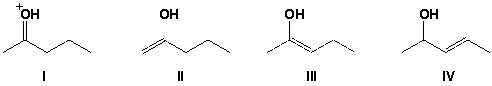 <strong>Which structure is the major tautomer of 2-pentanone in aqueous acid? </strong> A) I B) II C) III D) IV