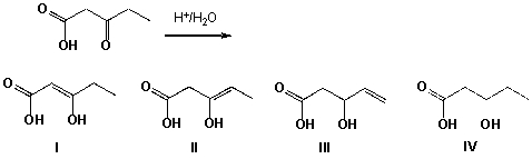 <strong>Which structure is the major tautomer of 3-oxo-pentanoic acid in aqueous medium? </strong> A) I B) II C) III D) IV