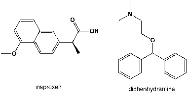 <strong>Which region in the IR spectrum could be used to distinguish between naproxen and diphenhydramine (Benadryl)? </strong> A) 3000-3050 cm<sup>-1</sup> B) 1360-1380 cm<sup>-1</sup> C) 3100-3500 cm<sup>-1</sup> D) 2400-3500 cm<sup>-1</sup>