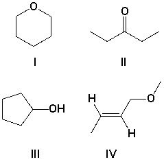 <strong>A compound has the molecular formula C<sub>5</sub>H<sub>10</sub>O, and strong absorptions at 1100 and 3350 cm<sup>-1</sup>. Which is the most likely structure for the compound? </strong> A) I B) II C) III D) IV