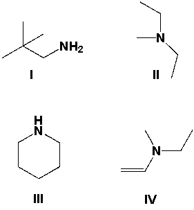 <strong>A compound has a molecular formula of C<sub>5</sub>H<sub>9</sub>N and the IR spectrum has peaks in the region of 2900 to 3000 cm<sup>-1</sup>, 1450 cm<sup>-1</sup> and 1375 cm<sup>-1</sup>, but no peaks in the region of 3000-3500 cm<sup>-1</sup>. Which of the following could be the compound? </strong> A) I B) II C) III D) IV