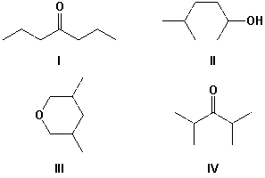 <strong>A compound gave two sets of signals in the <sup>1</sup>H-NMR spectrum with an integration ratio of 60 to 10. Which is the most likely structure for the compound? </strong> A) I B) II C) III D) IV