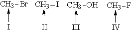 <strong>Which is the order of increasing \delta values downfield from TMS for the methyl groups shown (farthest upfield first)? </strong> A) I, III, IV, II B) II, I, III, IV C) IV, II, III, I D) III, IV, II, I