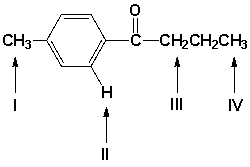 <strong>Which are the characteristic shift ranges for the indicated hydrogen atoms? </strong> A) I = 0.8-1.0, II = 6.5-8.5, III = 2.2-2.5, IV = 2.1-2.3 B) I = 0.8-1.0, II = 2.2-2.5, III = 6.5-8.5, IV = 2.1-2.3 C) I = 2.2-2.5, II = 6.5-8.5, III = 0.8-1.0, IV = 2.1-2.3 D) I = 2.2-2.5, II = 6.5-8.5, III = 2.1-2.3, IV = 0.8-1.0