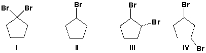 <strong>Which compounds have 3 signals in the <sup>13</sup>C NMR spectrum? </strong> A) I, II B) I, II, III C) I, III D) I, II, III, IV