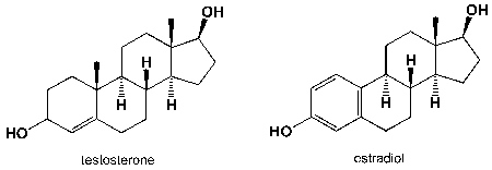 <strong>Testosterone is an anabolic steroid; estradiol is the predominant female sex hormone. How can you discern between these two hormones by using NMR spectroscopy? I) number of <sup>13</sup>C-signals II) number of <sup>1</sup>H-signals III) chemical shifts IV) <sup>1</sup>H-signal splitting</strong> A) I, II, III B) I, II, III, IV C) I, III, IV D) II, III, IV