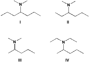 <strong>Which is the structure for N,N-dimethyl-3-hexanamine?  </strong> A) I B) II C) III D) IV <div style=padding-top: 35px> 