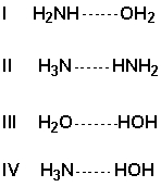 <strong>Arrange the following in order of increasing strength of the hydrogen bonds (weakest first).  </strong> A) I, II, III, IV B) II, I, IV, III C) II, IV, I, III D) I, IV, II, III <div style=padding-top: 35px> 