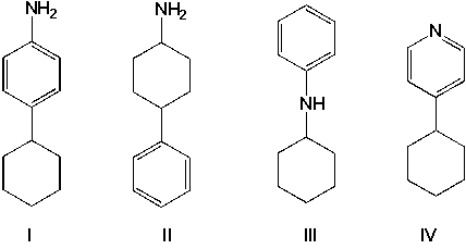 <strong>Arrange the basicities of the four amines in decreasing order (highest first).  </strong> A) II, III, I, IV B) IV, III, II, I C) I, III, IV, II D) III, IV, I, II <div style=padding-top: 35px> 