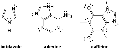  <strong>How many   \pi -orbital electrons are in the following molecules?  </strong> A) imidazole: 5, adenine: 10, caffeine: 5 B) imidazole: 6, adenine: 9, caffeine: 6 C) imidazole: 6, adenine: 10, caffeine: 6 D) imidazole; 4, adenine, 9, caffeine, 5 <div style=padding-top: 35px>  