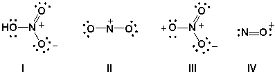 <strong>Which is the electrophile in the nitration of benzene?  </strong> A) I B) II C) III D) IV <div style=padding-top: 35px> 