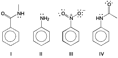 <strong>Arrange the compounds in order of increasing reactivity toward electrophilic aromatic substitution (lowest first).  </strong> A) III < I < IV < II B) I < III < II < IV C) II < I < IV < III D) III < II < I < IV <div style=padding-top: 35px> 