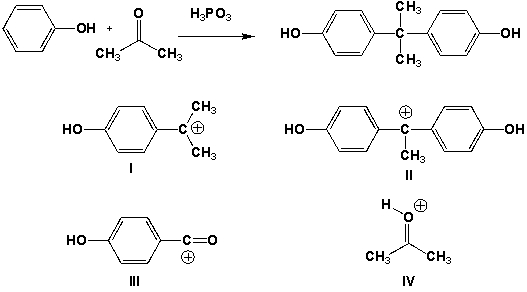 <strong>Which of the following are intermediates in the mechanism of the reaction of phenol and acetone in the presence of phosphoric acid (a strong mineral acid)?  </strong> A) I and IV B) II and III C) III and IV D) II and IV <div style=padding-top: 35px> 