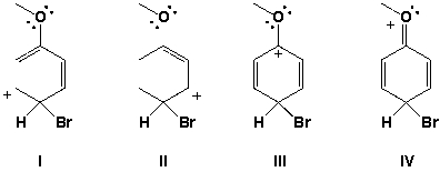 <strong>What is the major contributing structure to the cation intermediate of the bromination of anisole?  </strong> A) I B) II C) III D) IV <div style=padding-top: 35px> 
