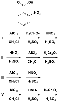 <strong>Which is the best reaction sequence for preparing the following compound from benzene? (HINT: consider only the reaction product from electrophilic addition in the ortho position).  </strong> A) I B) II C) III D) IV <div style=padding-top: 35px> 