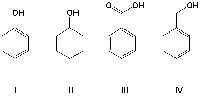 <strong>Arrange the compounds in order of increasing acidity (least first).  </strong> A) I, II, III, IV B) II, IV, I, III C) I, II, IV, III D) II, III, I, IV <div style=padding-top: 35px> 
