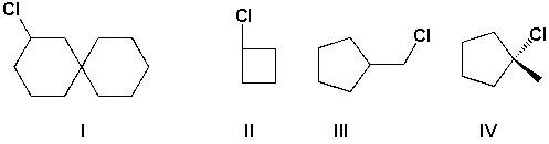 <strong>Which compounds are secondary haloalkanes? </strong> A) I and III B) II and III C) I and II D) II and IV