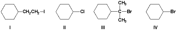 <strong>Arrange the haloalkanes in order of increasing reactivity in an S<sub>N</sub>2 reaction with KI in acetone (least first). </strong> A) I, IV, III, II B) IV, I, III, II C) II, III, I, IV D) III, II, IV, I