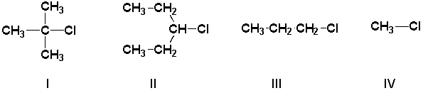 <strong>Arrange the haloalkanes in order of increasing rate of solvolysis (slowest first) in ethanol. </strong> A) IV, III, II, I B) I, II, III, IV C) III, II, I, IV D) II, III, I, IV