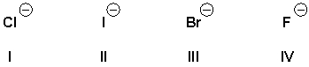 <strong>Arrange the leaving groups in order of increasing leaving group ability (least first). </strong> A) IV, I, III, II B) III, I, IV, II C) II, IV, I, III D) II, III, I, IV