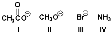 <strong>Arrange the leaving groups in order of increasing leaving group ability (least reactive first). </strong> A) I, III, II, IV B) III, I, IV, II C) IV, II, I, III D) IV, III, II, I